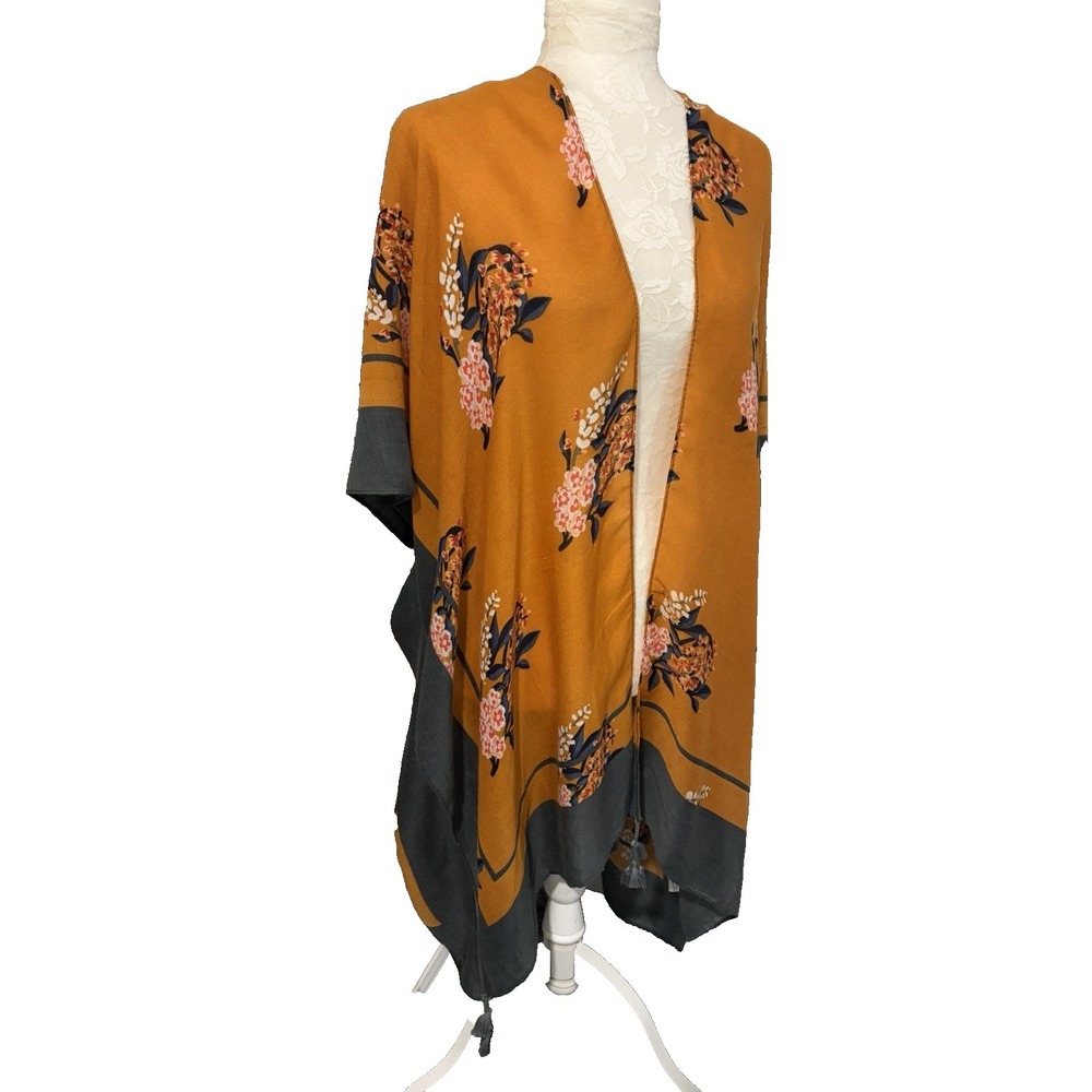 Woven Heart Mustard Floral Challis Kimono Duster~L~ Open Tassels  Boho Fairycore